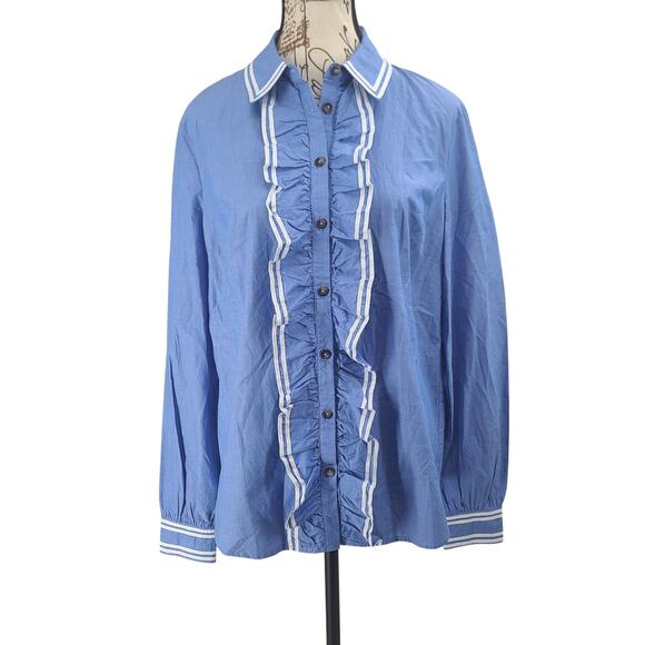 Boden Chambray Ruffled long sleeve blouse blue Sz 6 Preppy Cottagecore Coquette - Picture 2 of 10